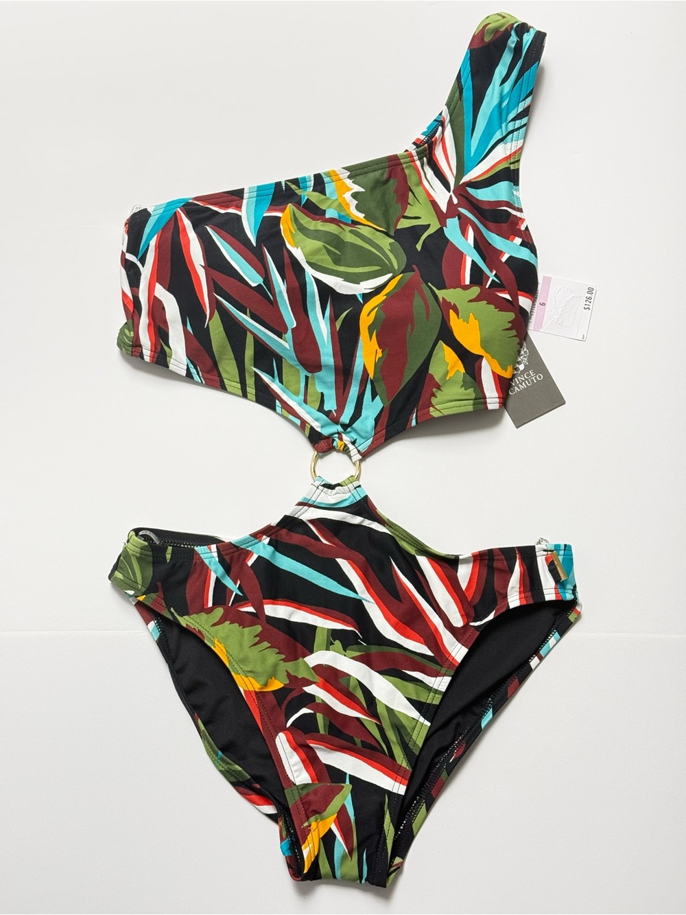 Vince Camuto Tropical One-Shoulder Cutout Swimsuit - Green Multi size 6 - Picture 3 of 6